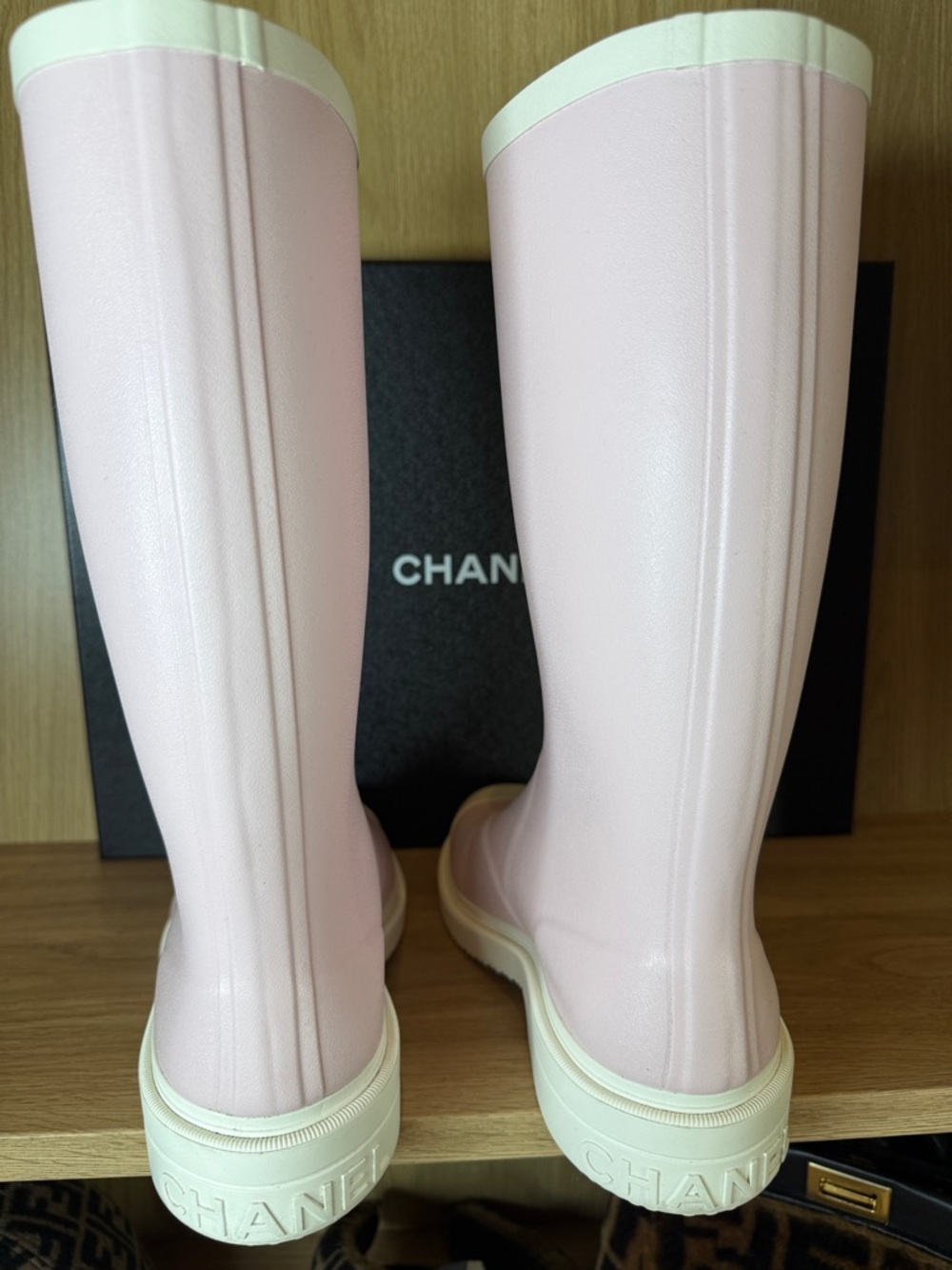 CHANEL Pale Pink and White Rubber Knee-High Rain Boots - Picture 4 of 11